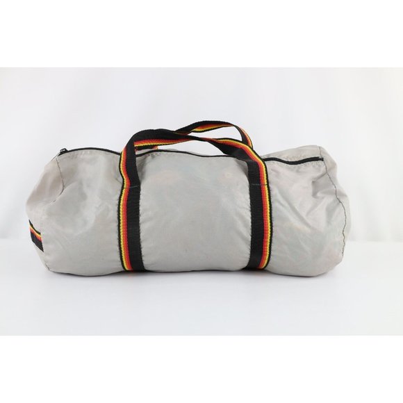 Vintage 80s Distressed Rainbow Striped Handled Gym Duffel Bag Carry On Gray